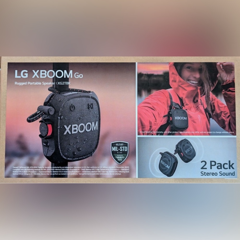 LG XBOOM Go XG2T Ultra-Rugged Portable Wireless Speakers, IP67, Black, 2-pack